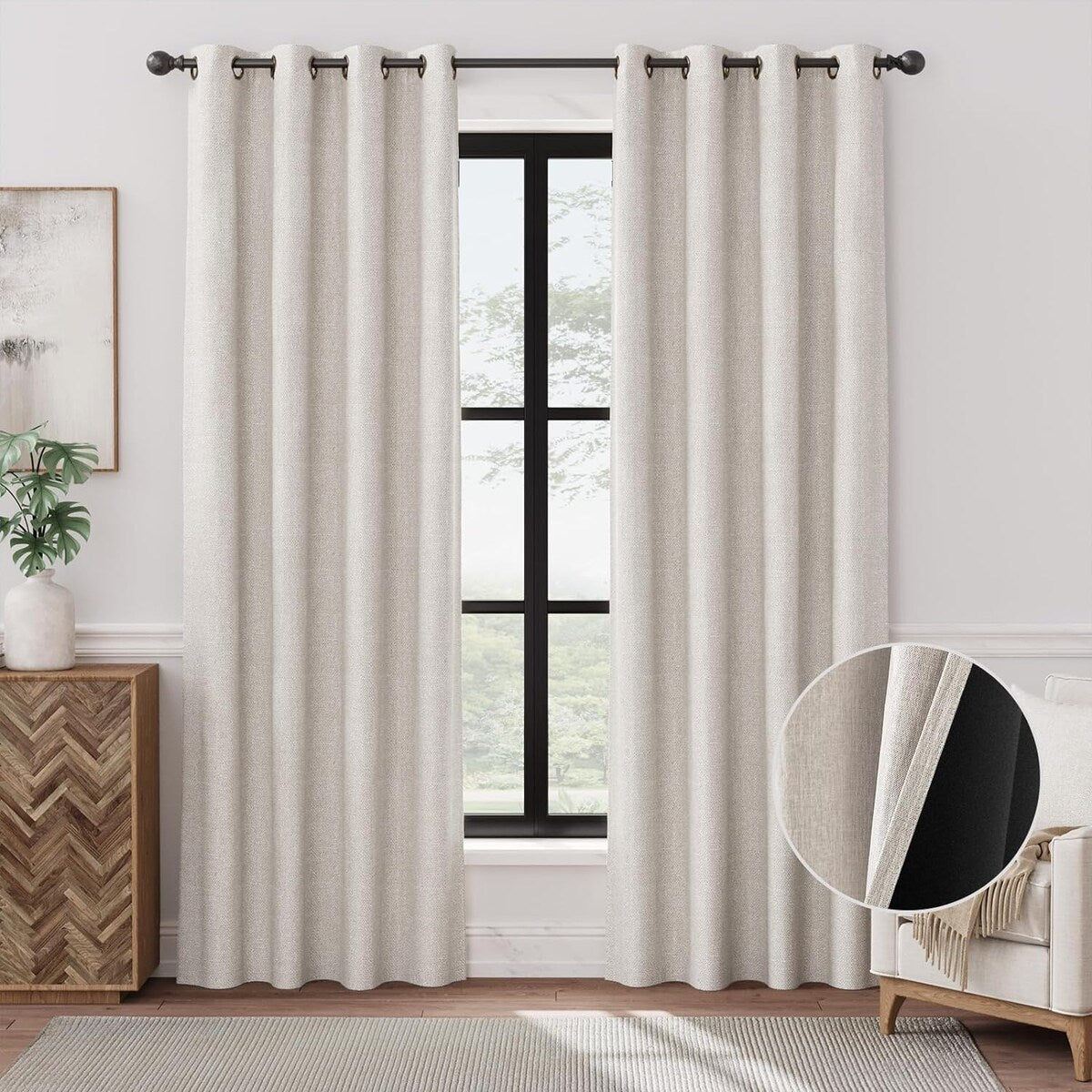 90% Blackout Faux Linen Curtains Thermal Insulated Room Darkening Curtains, 2 Panels Set, Grommet Top Window Treatments