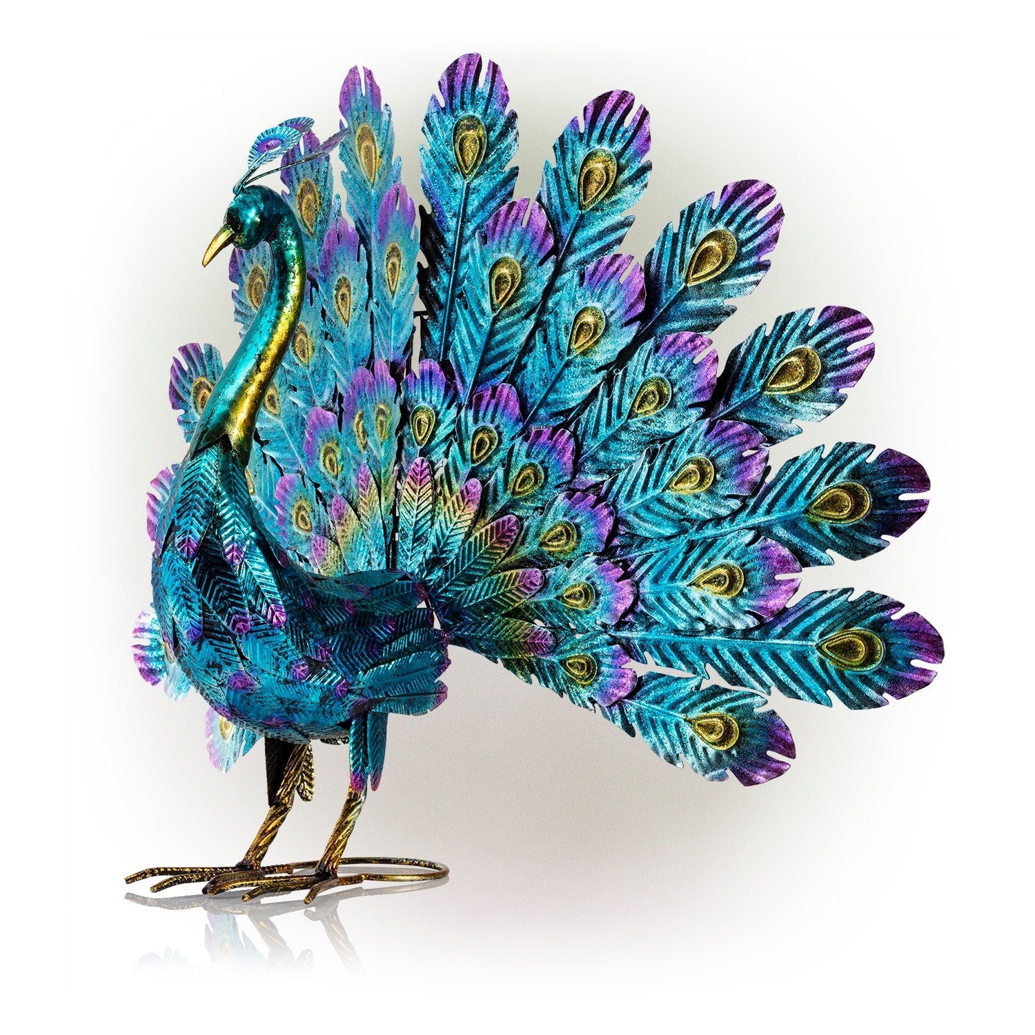 Alpine Corporation 23 Tall Outdoor Metallic Peacock Tail Spread Yard Statue Decoration, Multicolor