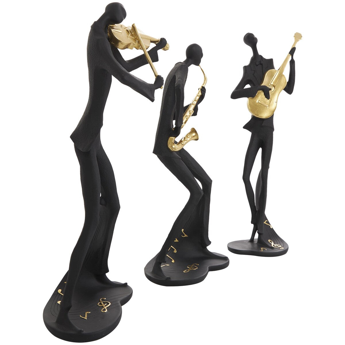 Polystone Musician Abstract Decorative Sculpture with Gold Instruments and Music Notes - Set of 3 Black - Roche River Decor