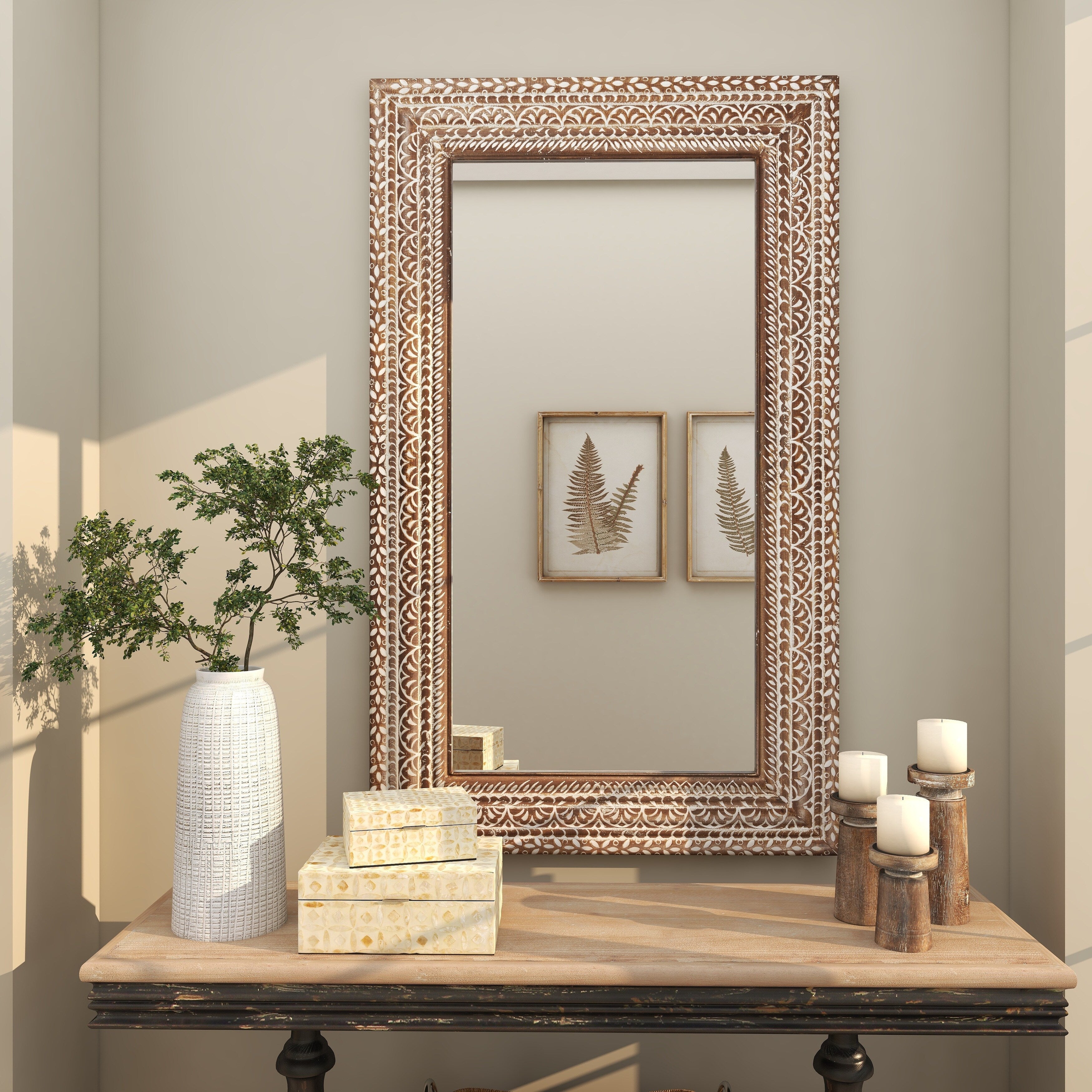 Wood Floral Room Wall Mirror with Detailed Cream Carvings - Brown - Roche River Decor