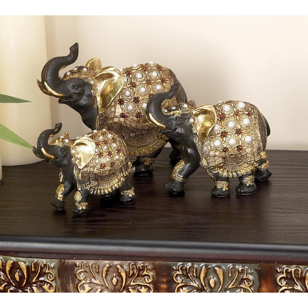 Polystone Elephant Handmade Decorative Sculpture with Ornate Dresswear and Pearl Accents - Set of 3 Gold - Roche River Decor