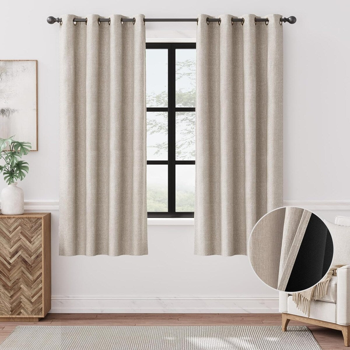 90% Blackout Faux Linen Curtains Thermal Insulated Room Darkening Curtains, 2 Panels Set, Grommet Top Window Treatments