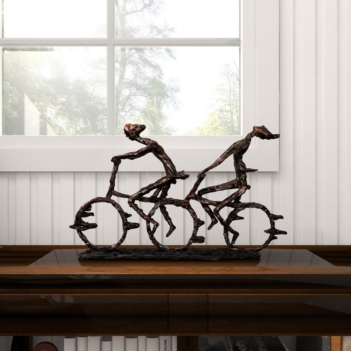 Polystone People Bicycling Decorative Sculpture with Copper Texturing - Bronze - Roche River Decor