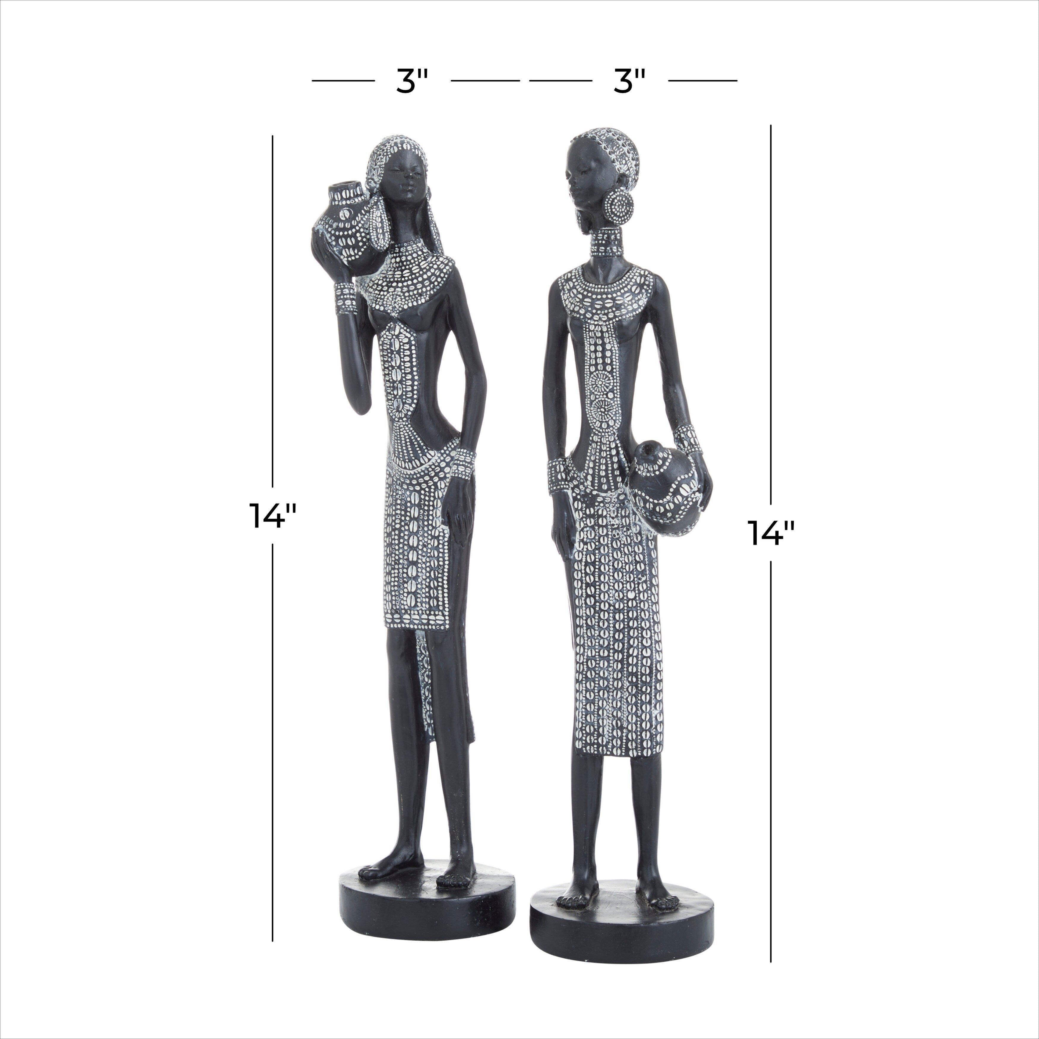 Black Polystone Standing African Woman Decorative Sculpture with Intricate Details (Set of 2) - 3 x 3 x 14