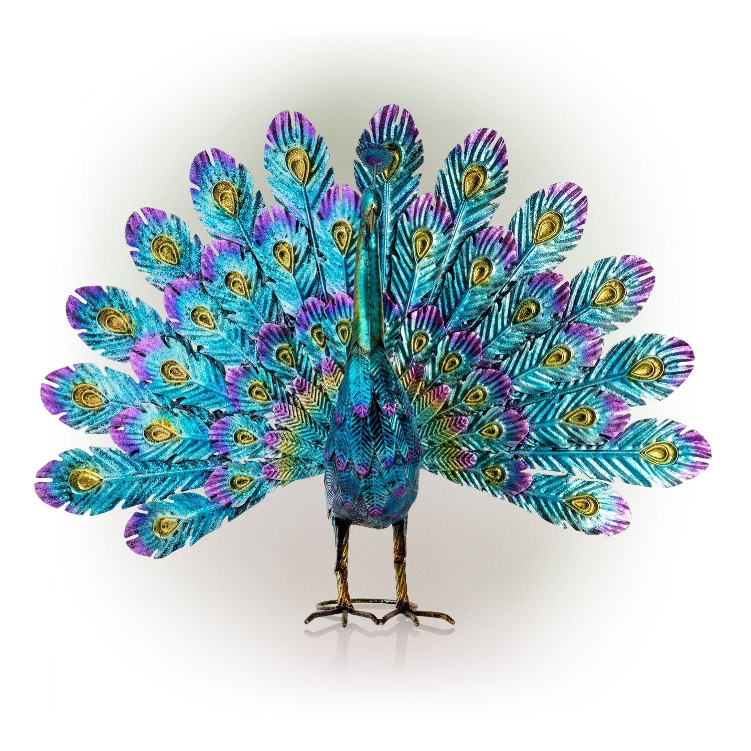 Alpine Corporation 23 Tall Outdoor Metallic Peacock Tail Spread Yard Statue Decoration, Multicolor