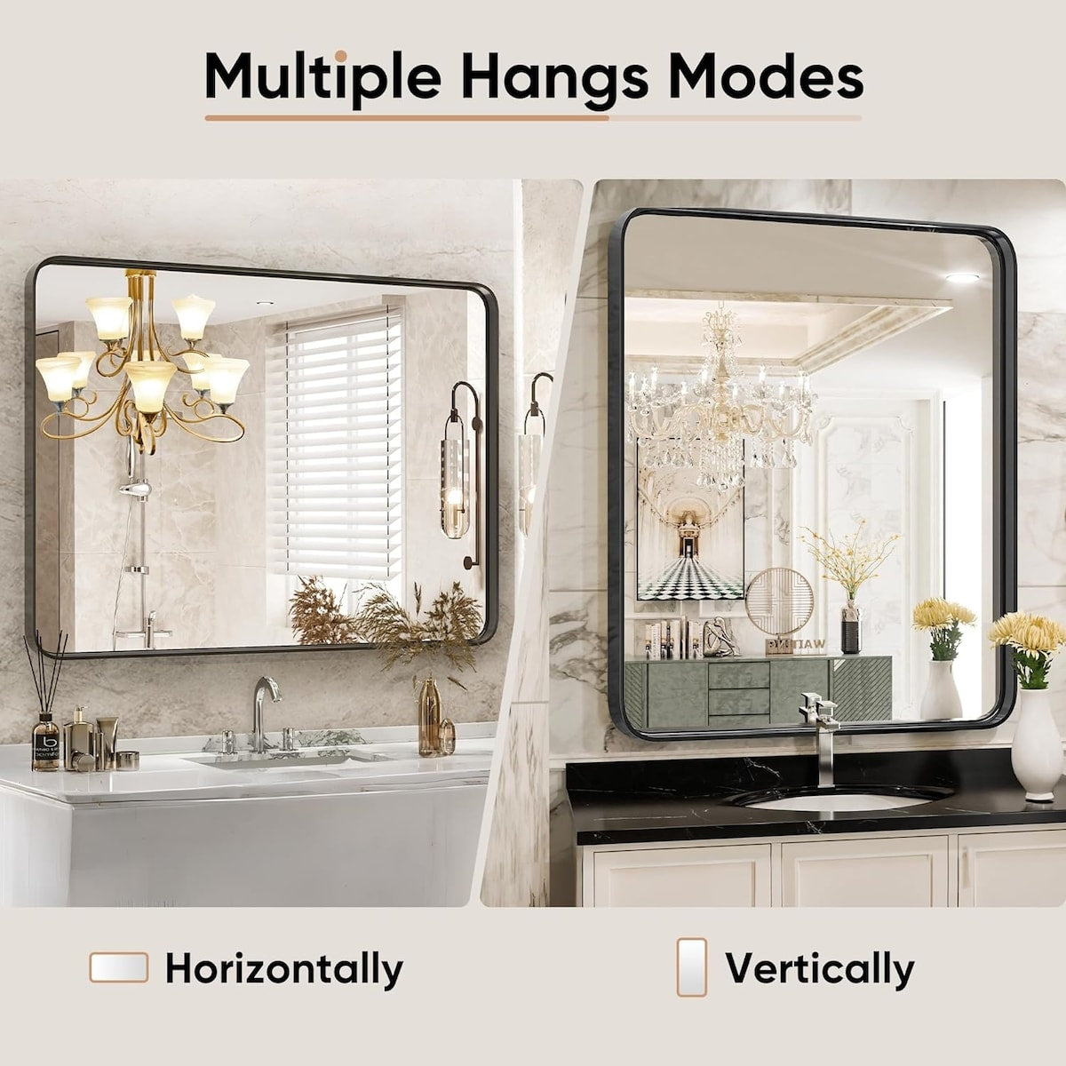 Black Metal Framed Vanity Rounded Rectangle Bathroom Mirrors for Over Sink Wall, Matte Large Mirror, Modern Decorative