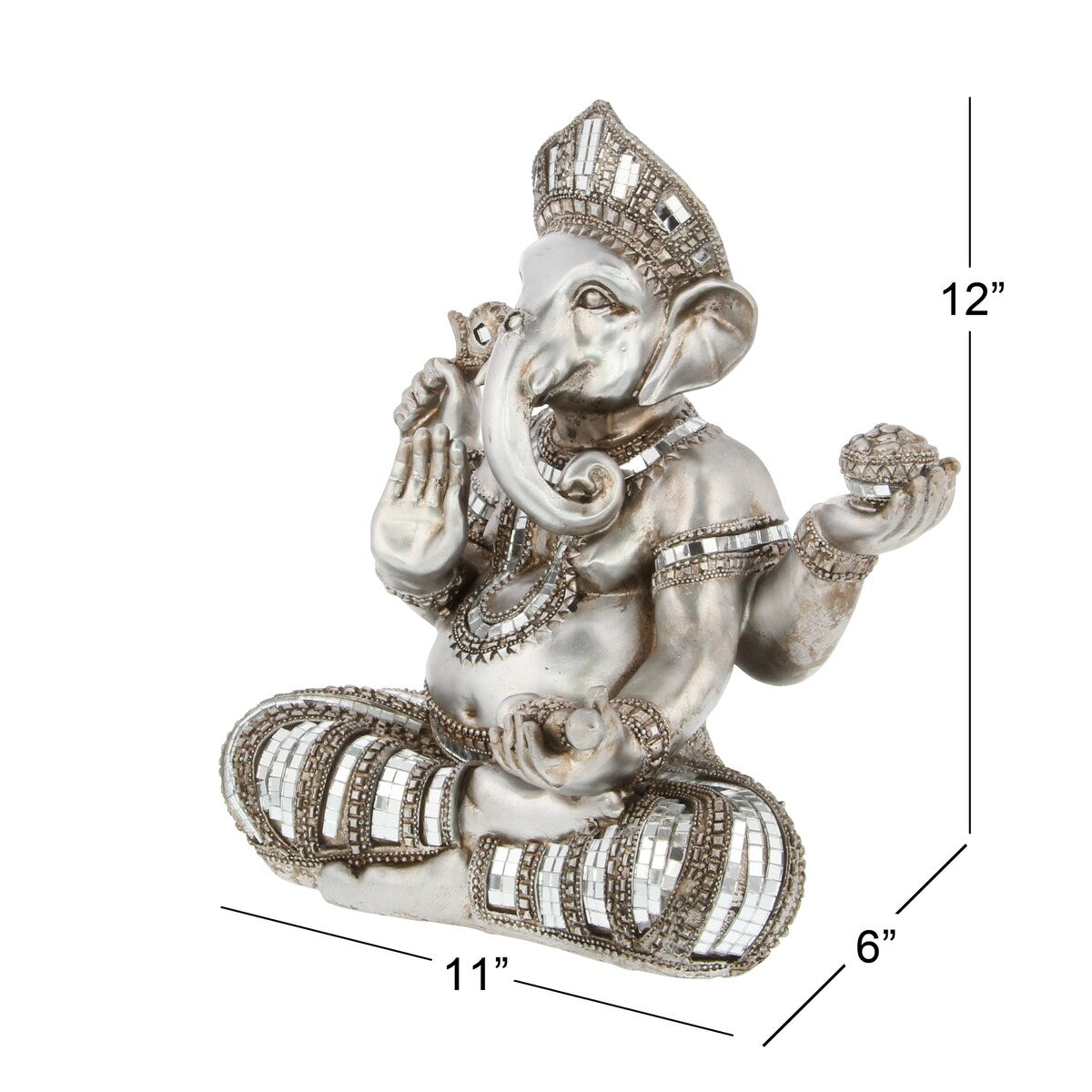 Polystone Ganesh Meditating Decorative Sculpture with Engraved Carvings and Relief Detailing - Silver - Roche River Decor