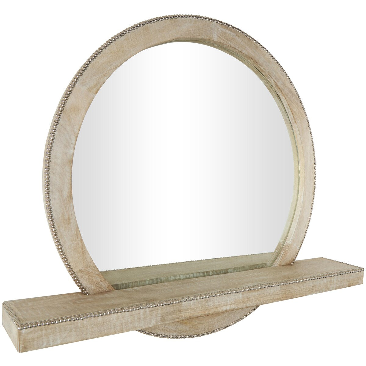 Mango Wood 1 Shelf Room Wall Mirror with Silver Beaded Outline - Light Brown - Roche River Decor