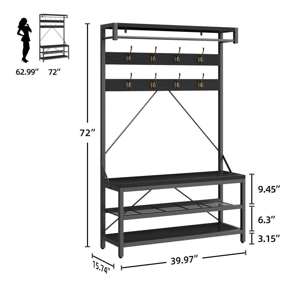 Industrial Entryway Coat Rack with Shoe Bench 3-in-1 Functional Hall Tree