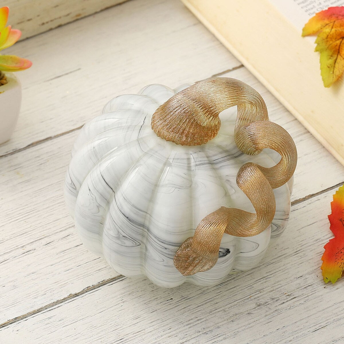 Glitzhome Fall Harvest Gray Marble Handblown Glass Pumpkins for Thanksgiving Decor