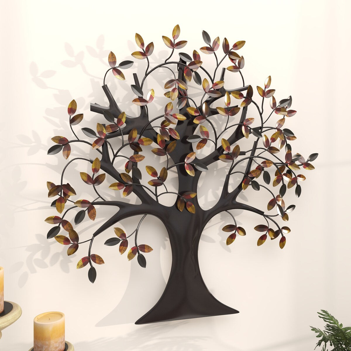 Metal Tree Indoor Outdoor Home Wall Decor with Leaves - Brown - Roche River Decor