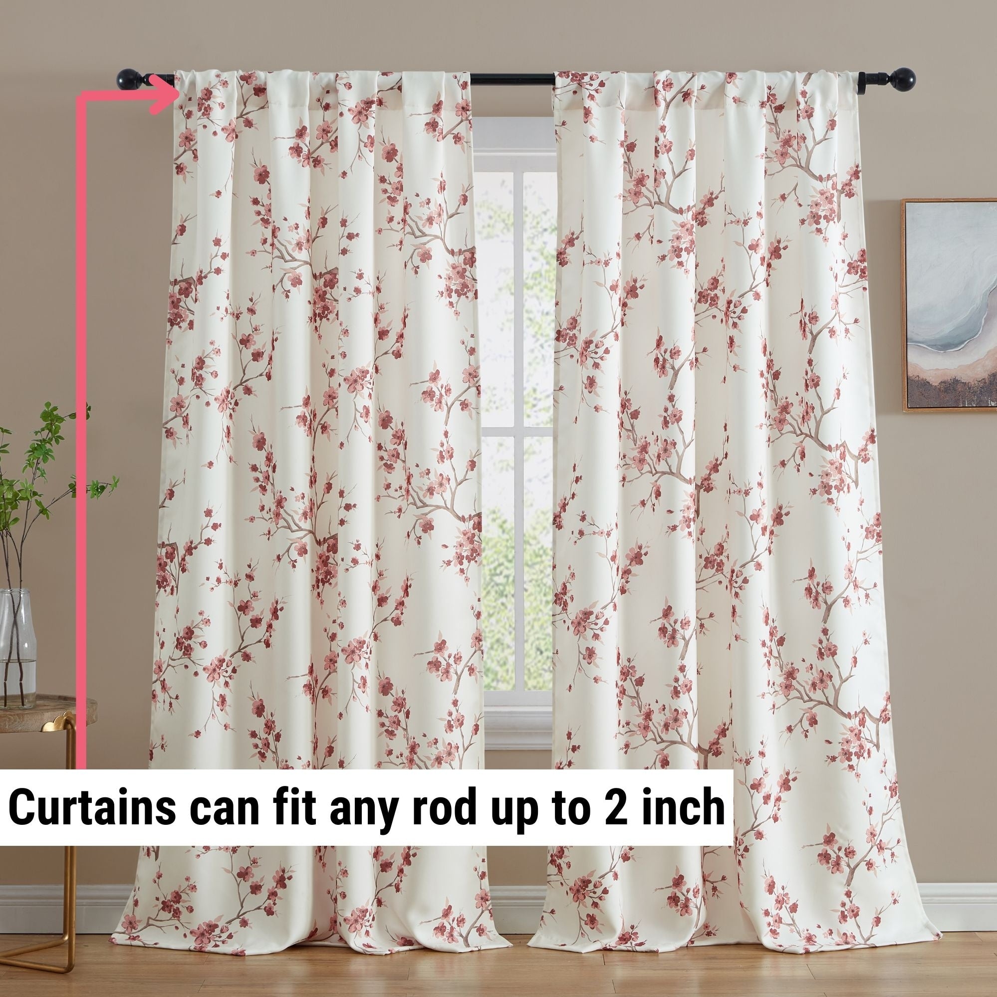 HLC.me Jasmine Floral Light Blocking Curtain Rod Pocket Pole Top Panels - Set of 2