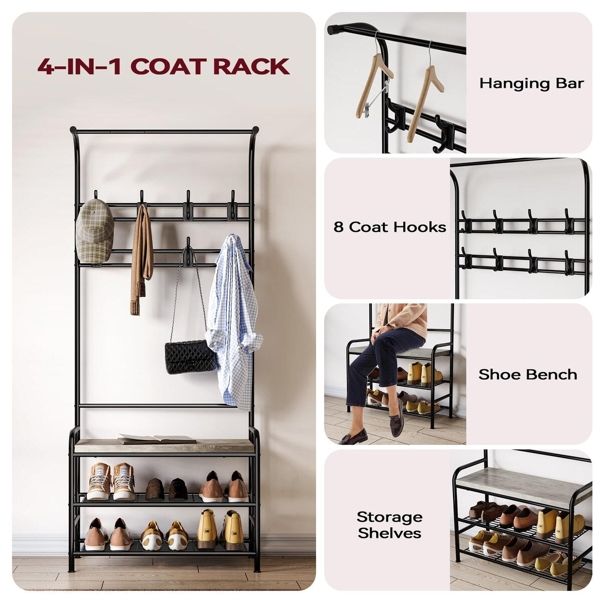 Industrial Entryway Coat Rack with Shoe Bench 3-in-1 Functional Hall Tree