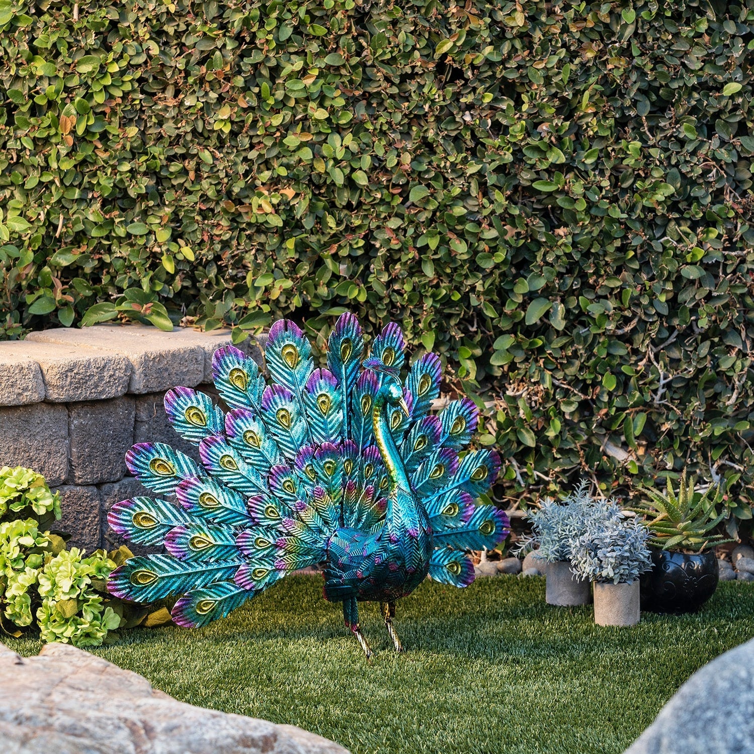 Alpine Corporation 23 Tall Outdoor Metallic Peacock Tail Spread Yard Statue Decoration, Multicolor