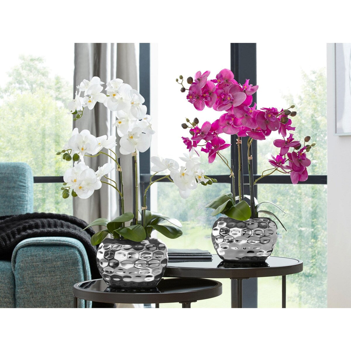 Artificial Orchid Phalaenopsis Plant Including Metallic Vase, 24