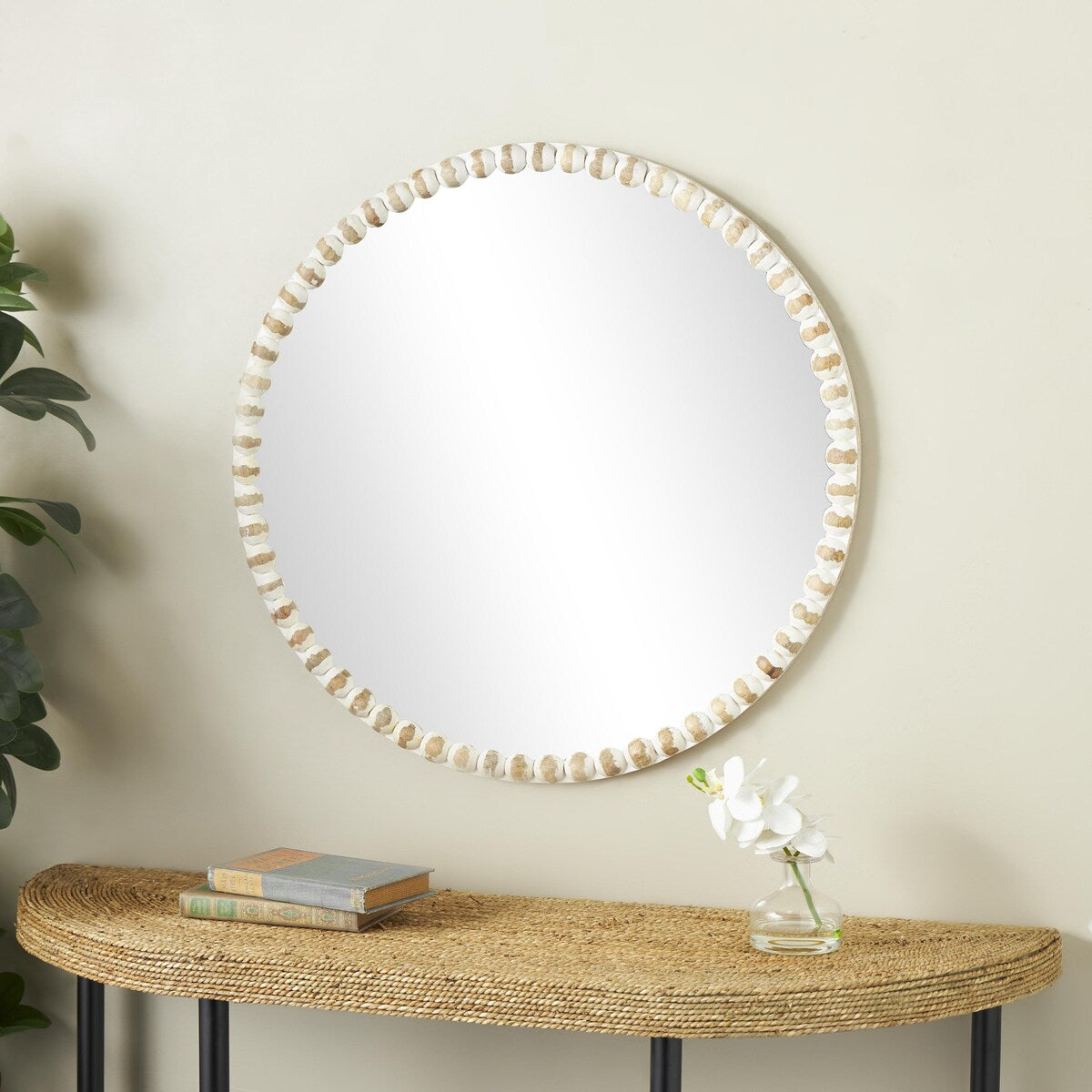 Mango Wood Room Wall Mirror with Geometric Diamond Patterned Frame - Cream - Roche River Decor