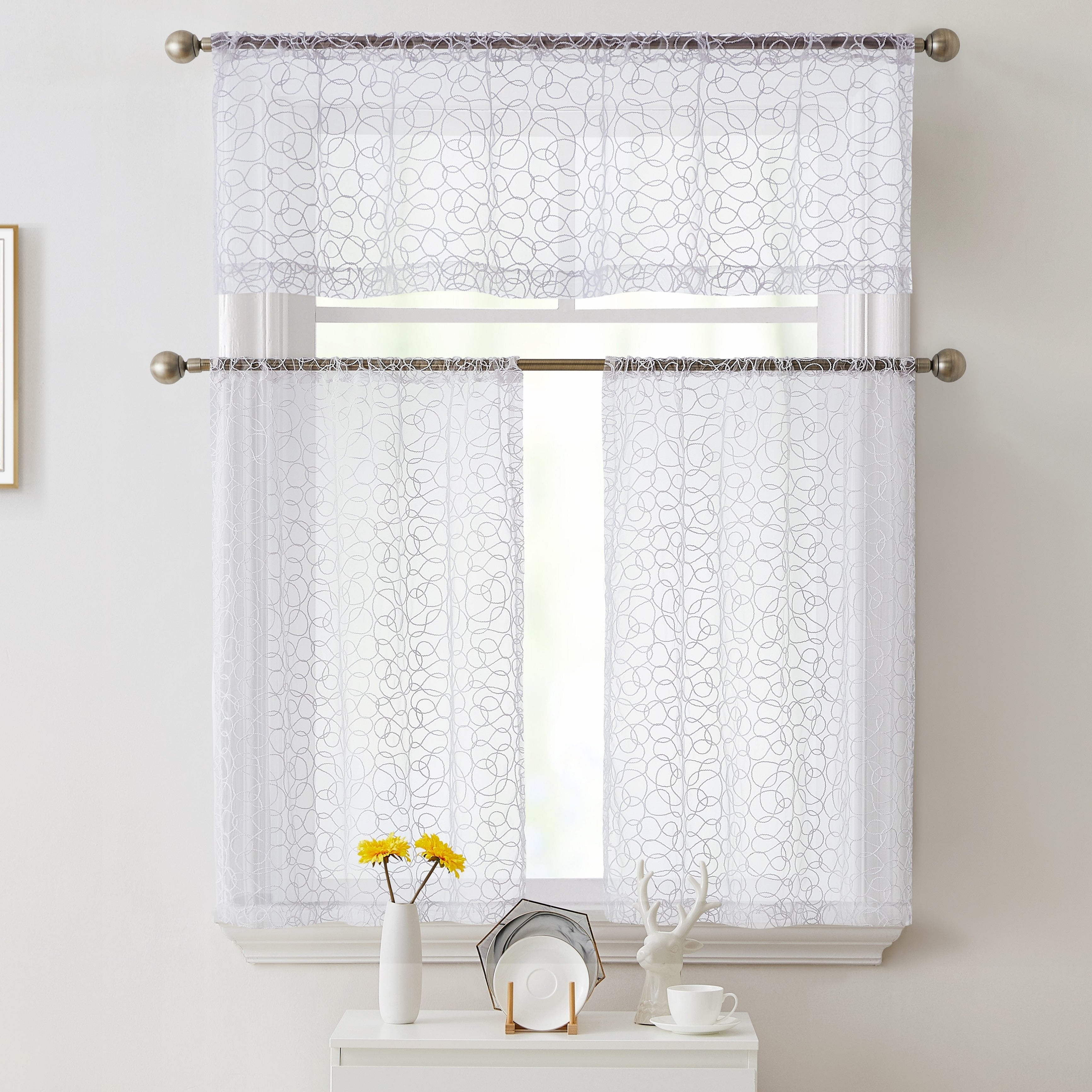 HLC.me Audrey Embroidered Sheer Voile Window Curtain Short Rod Pocket Tiers Valance Kitchen, Small Windows and Bathroom