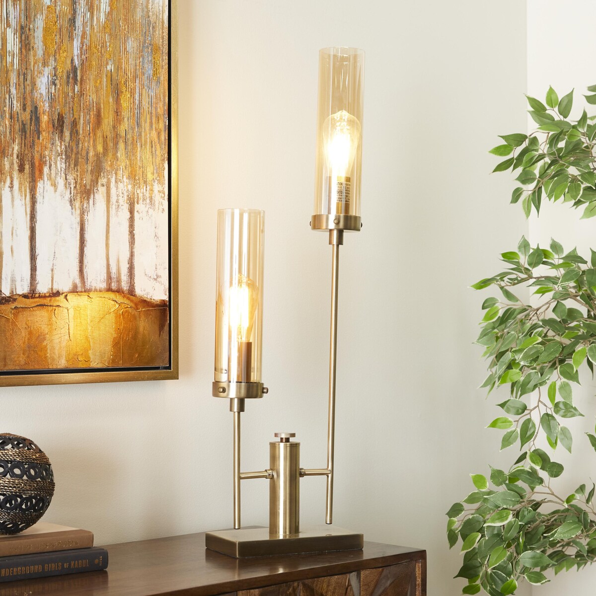 Metal Tall Room Accent Lamp with Cylinder Glass Shades - Gold - Roche River Decor