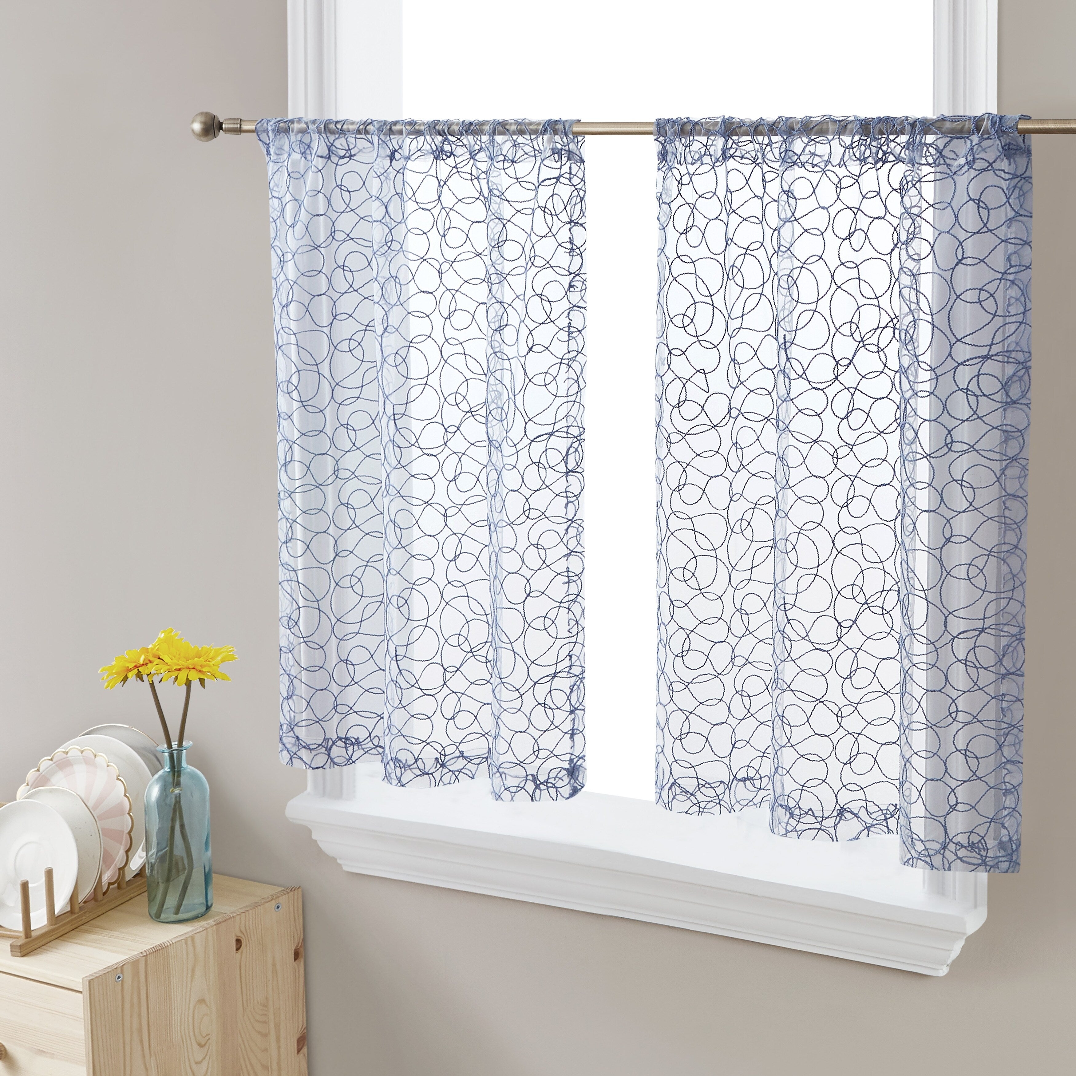 HLC.me Audrey Embroidered Sheer Voile Window Curtain Short Rod Pocket Tiers Valance Kitchen, Small Windows and Bathroom