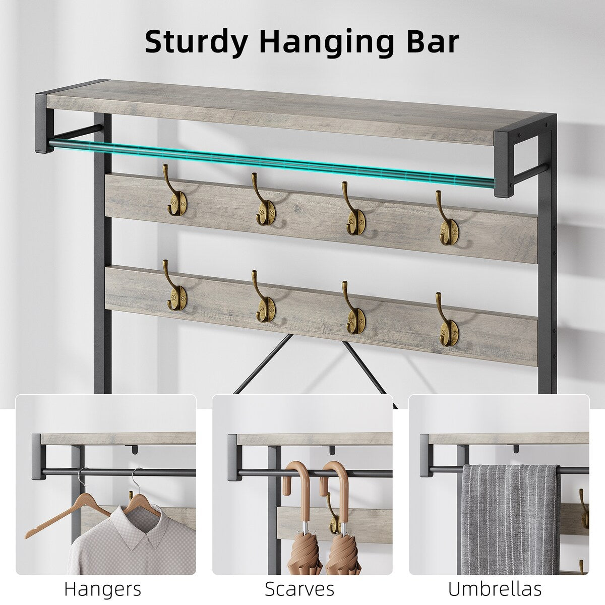 Industrial Entryway Coat Rack with Shoe Bench 3-in-1 Functional Hall Tree