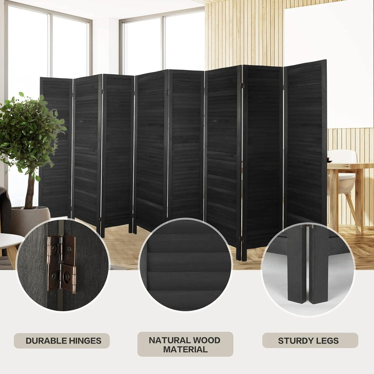 8 Panel Room Divider, Folding Room Divider Privacy Screen 5.6Ft Tall, Wood Freestanding Louvered Divider Screen