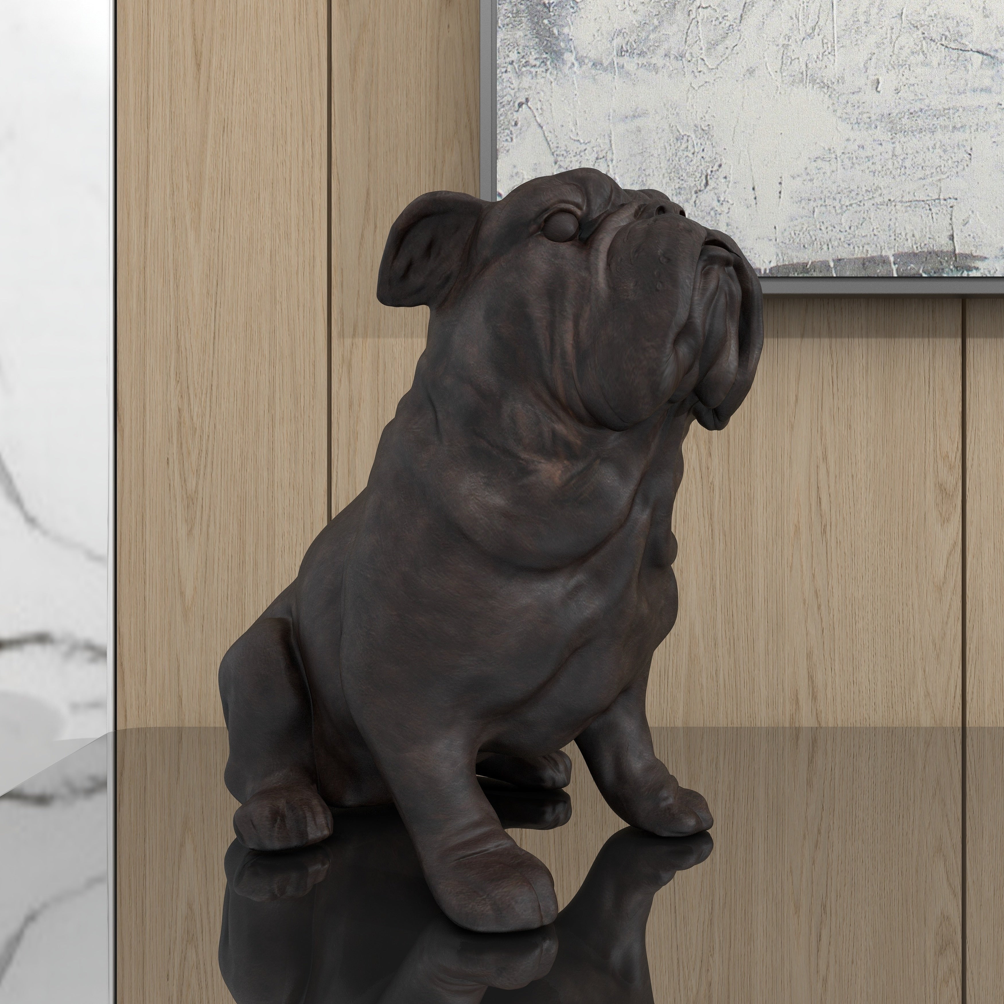 Brown Polystone Distressed Sitting Bulldog Sculpture