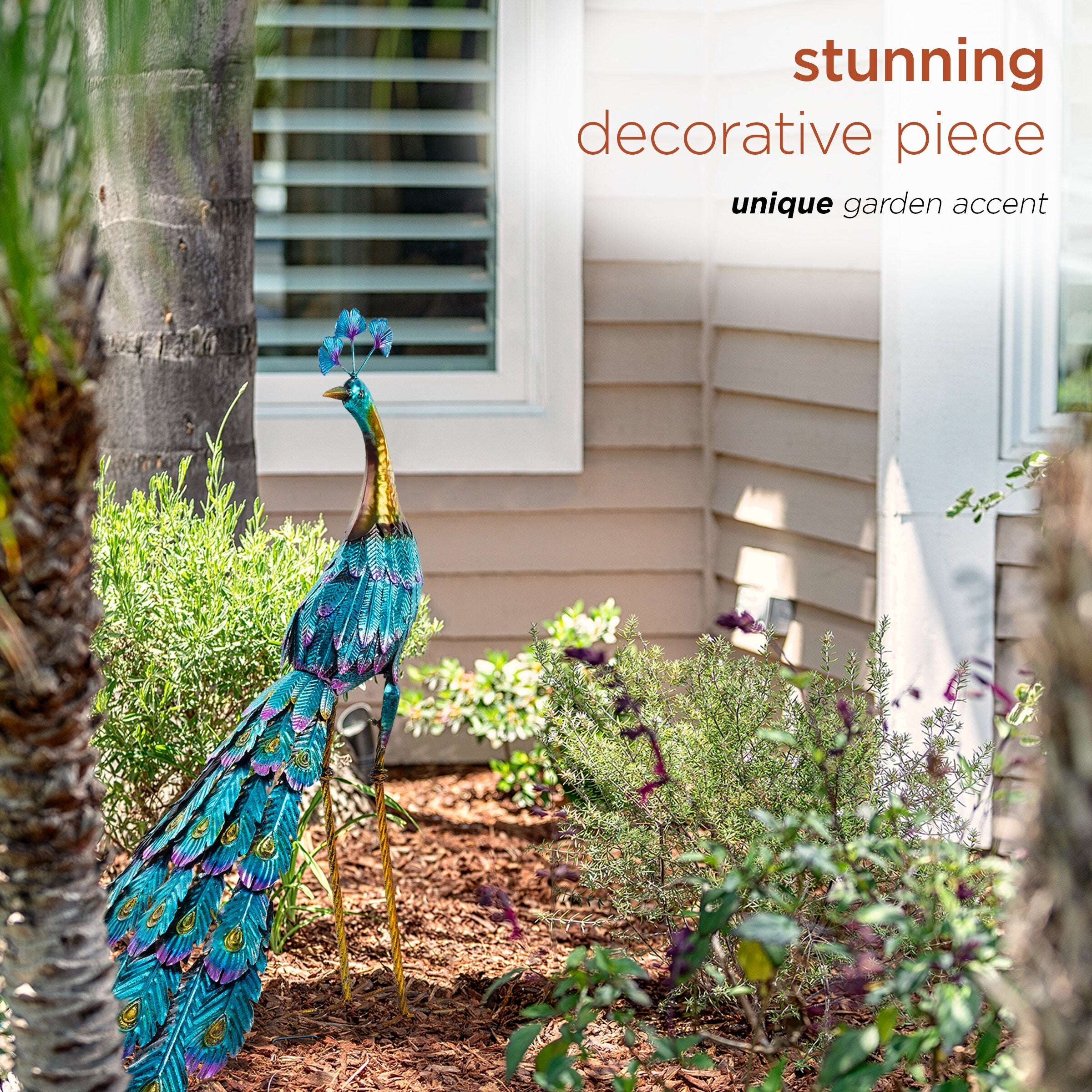 Alpine Corporation 23 Tall Outdoor Metallic Peacock Tail Spread Yard Statue Decoration, Multicolor
