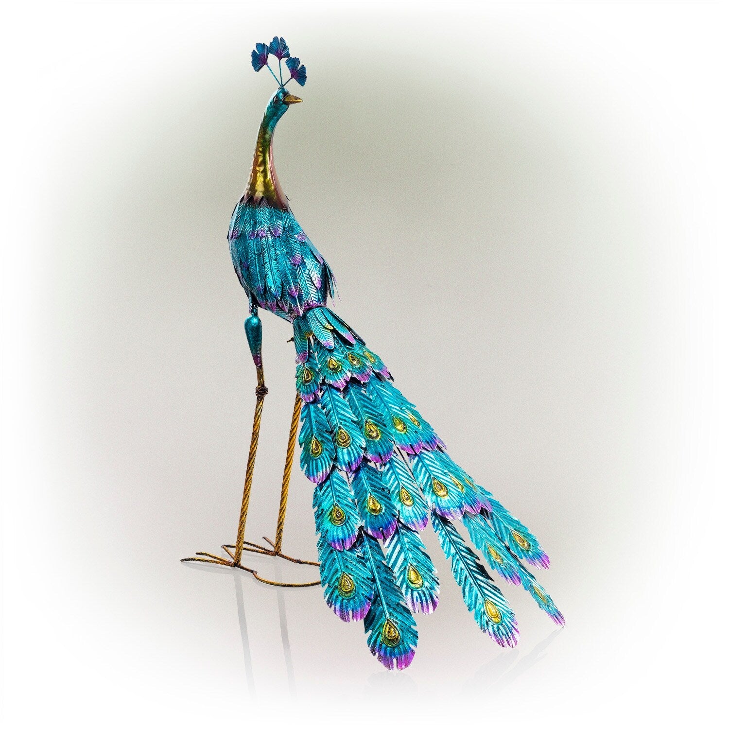 Alpine Corporation 23 Tall Outdoor Metallic Peacock Tail Spread Yard Statue Decoration, Multicolor