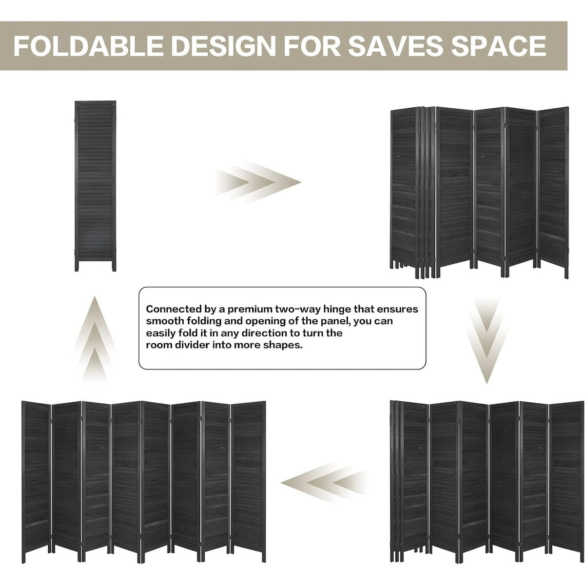 8 Panel Room Divider, Folding Room Divider Privacy Screen 5.6Ft Tall, Wood Freestanding Louvered Divider Screen