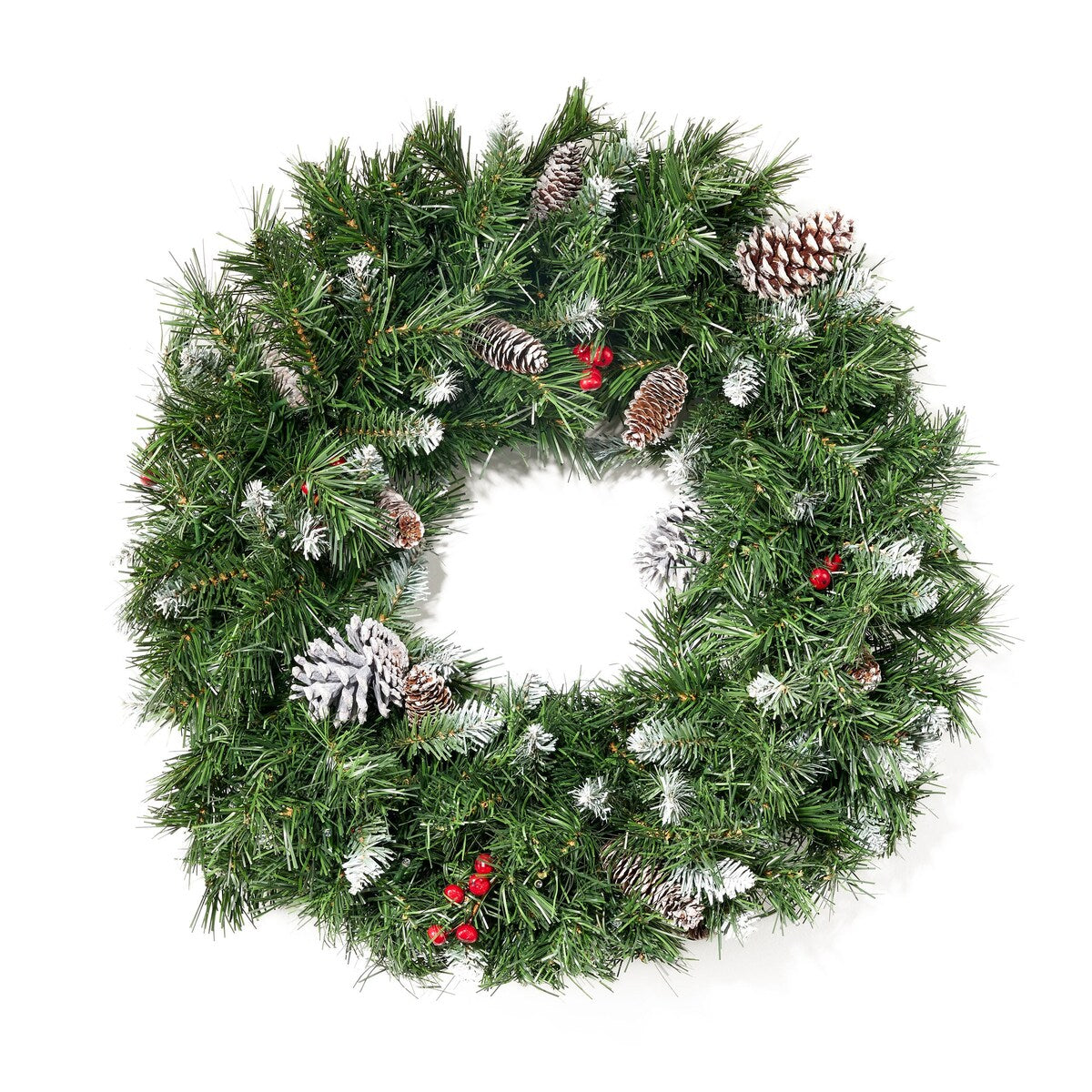 24''Mixed Frosted Wreath With With 16 Pine Cones And 8 Red Berry And 50 Warm White Led Lights - As Picture Show