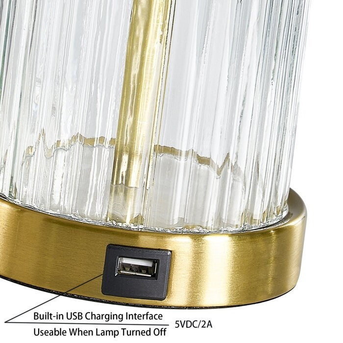 25'' Metal Glass USB Table Lamp Set