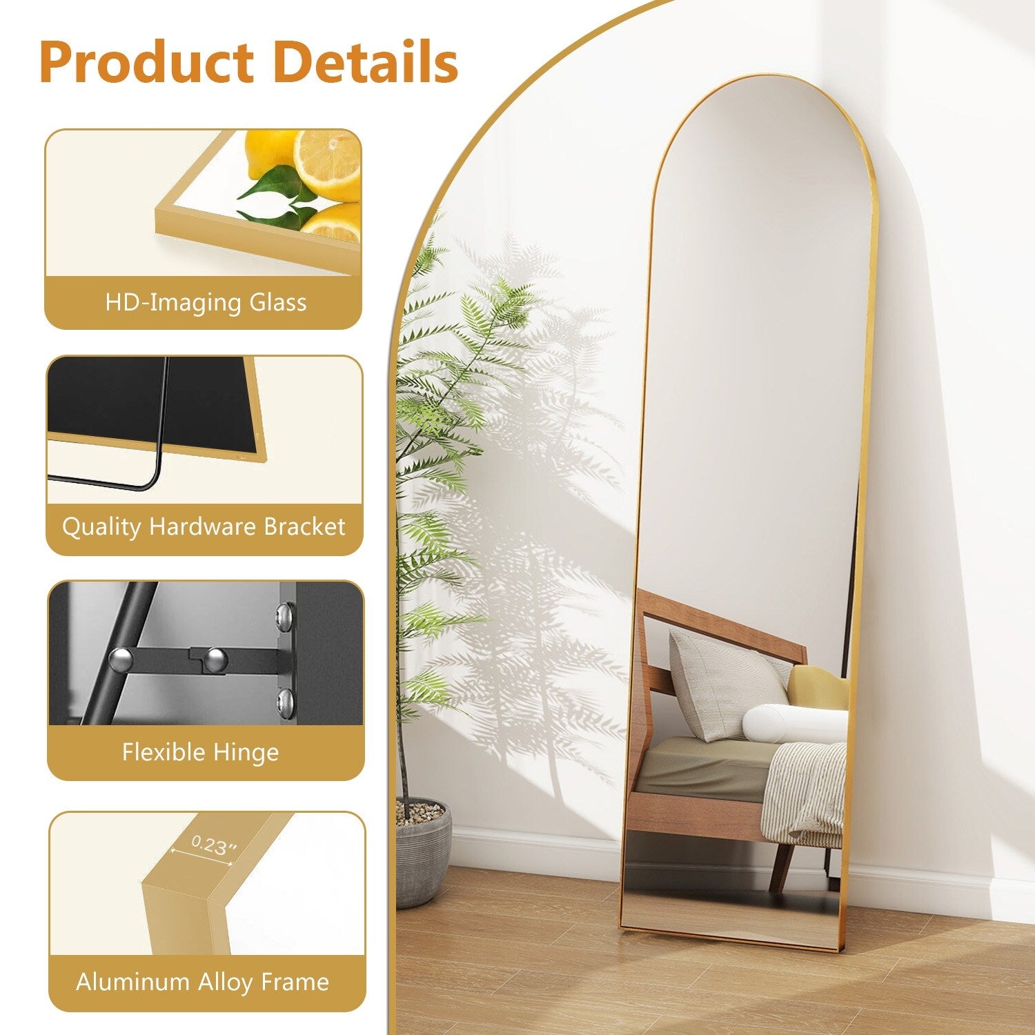 Full Length Arched Mirror with Shatter-Proof Glass & with Stand Aluminum Alloy Frame for Bedroom Cloakroom, Floor Standing