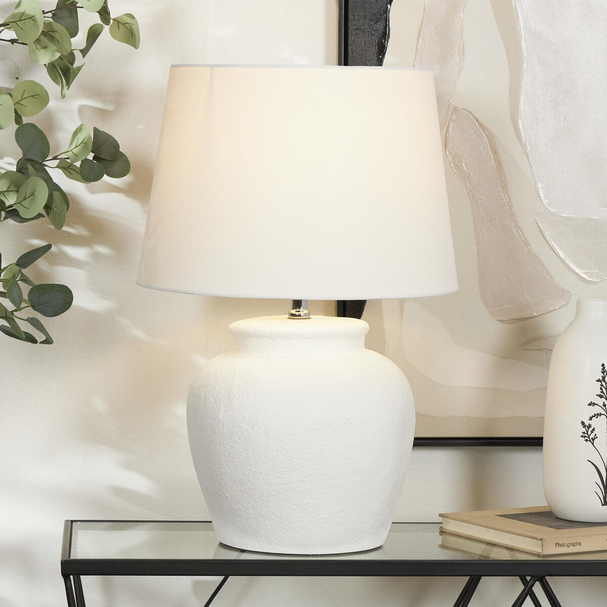 Cement Stone Pot Inspired Room Table Lamp with Textured Exterior - White - Roche River Decor