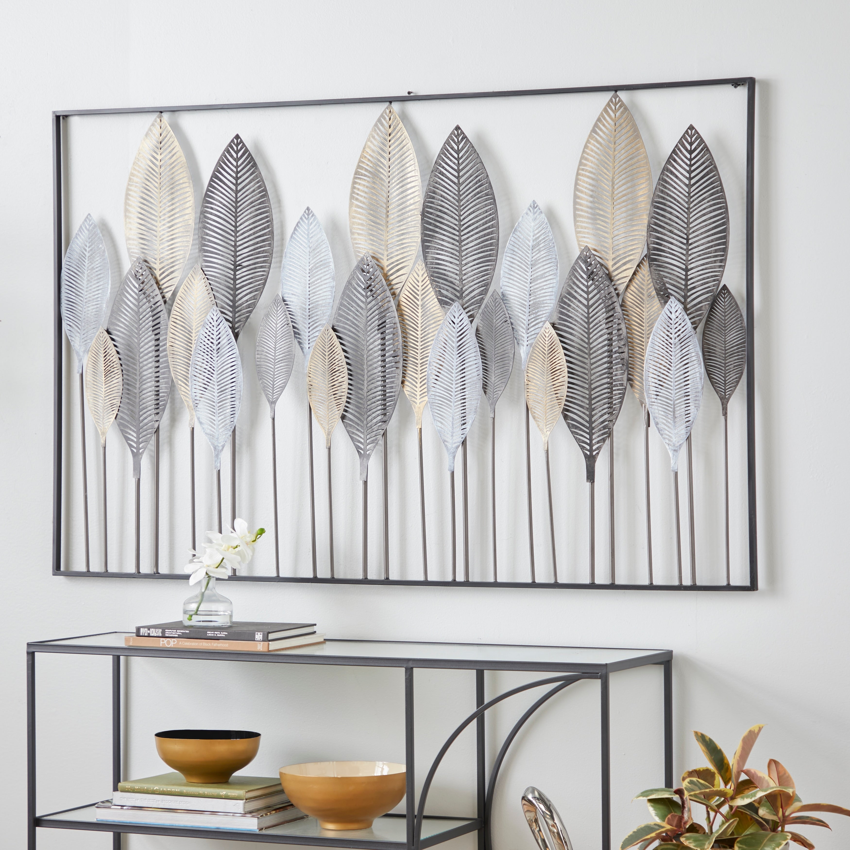 Contemporary Metal Tall Cut-Out Leaf Wall Decor with Intricate Laser Cut Designs - Bronze, Gray, Brass