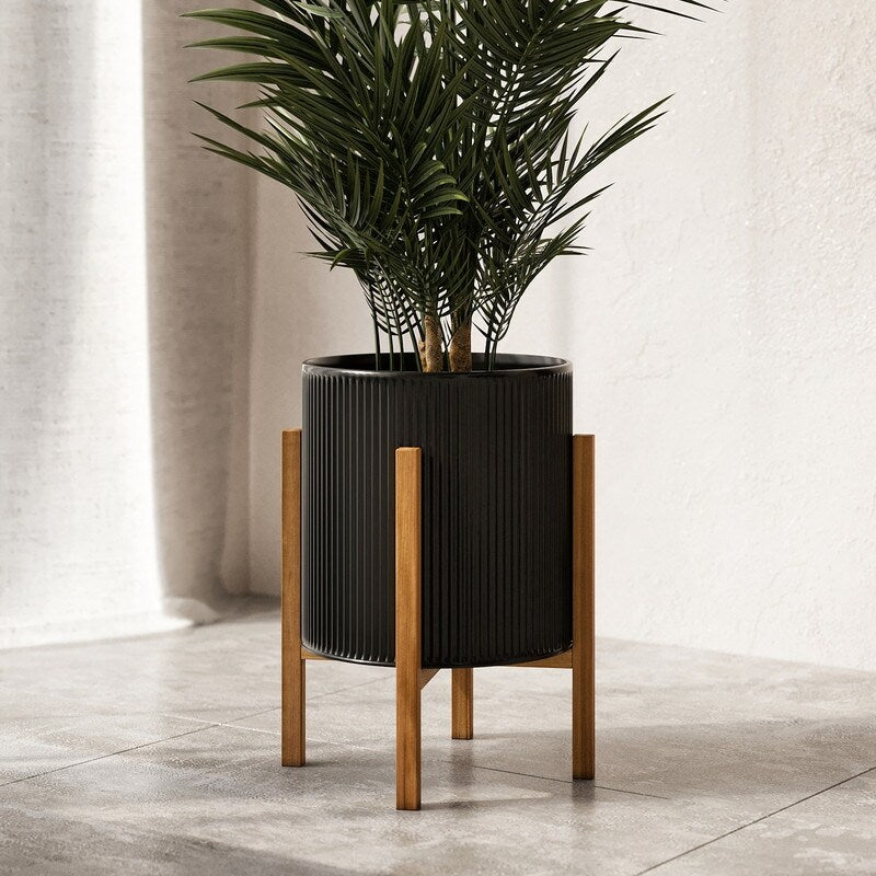 Everett Black Mid-Century Modern Indoor Metal Pot Planter with 4-Leg Wood Base