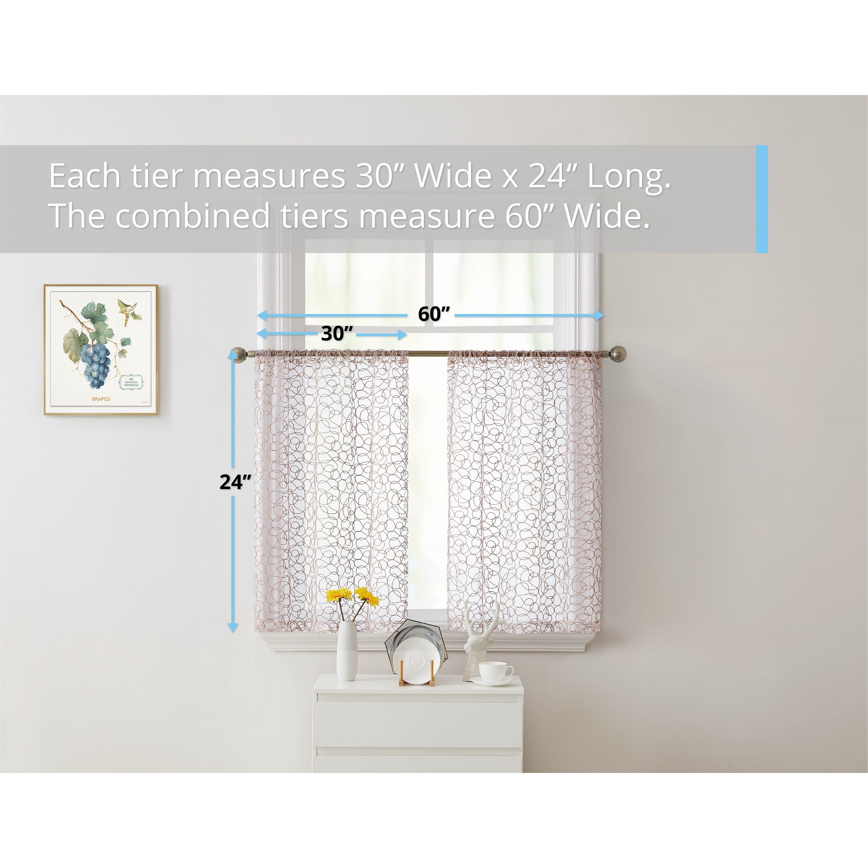 HLC.me Audrey Embroidered Sheer Voile Window Curtain Short Rod Pocket Tiers Valance Kitchen, Small Windows and Bathroom