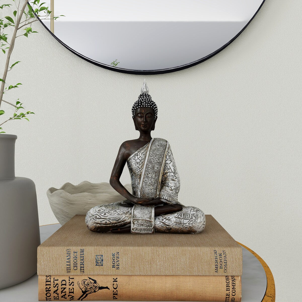 Polystone Buddha Meditating Decorative Sculpture with Engraved Carvings and Relief Detailing - Black - Roche River Decor