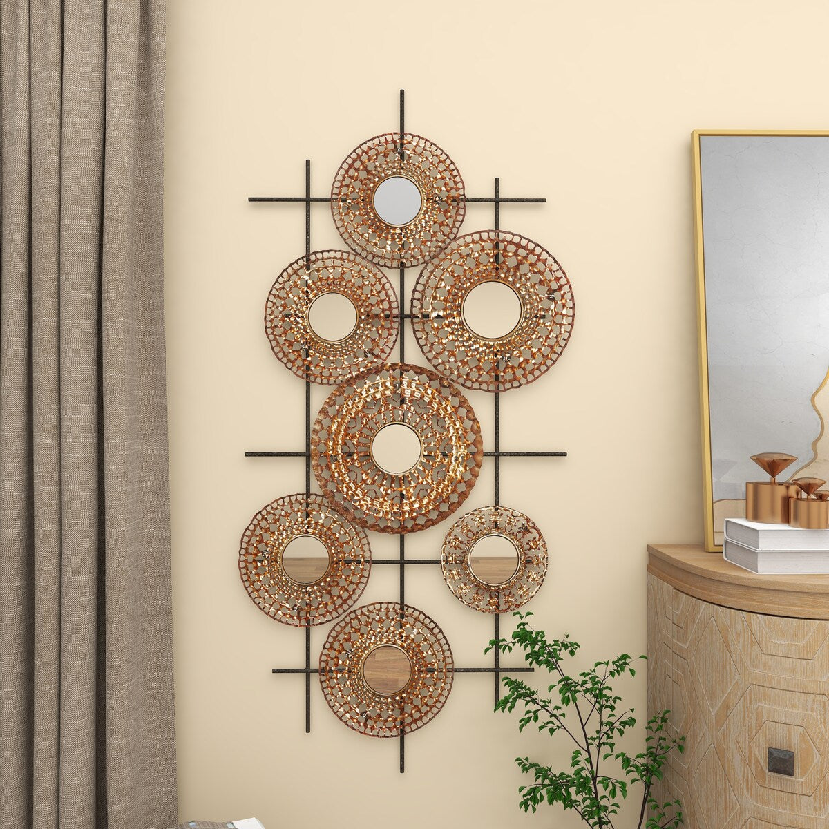 Metal Plate Home Wall Decor with Round Mirrored Accents - Brown - Roche River Decor