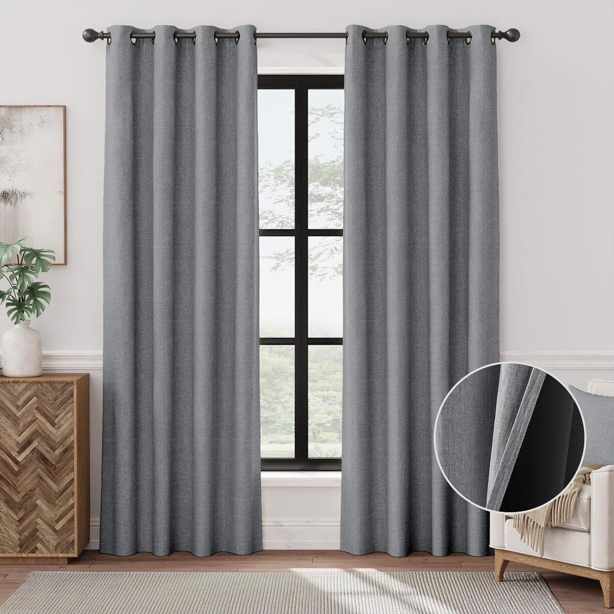 90% Blackout Faux Linen Curtains Thermal Insulated Room Darkening Curtains, 2 Panels Set, Grommet Top Window Treatments