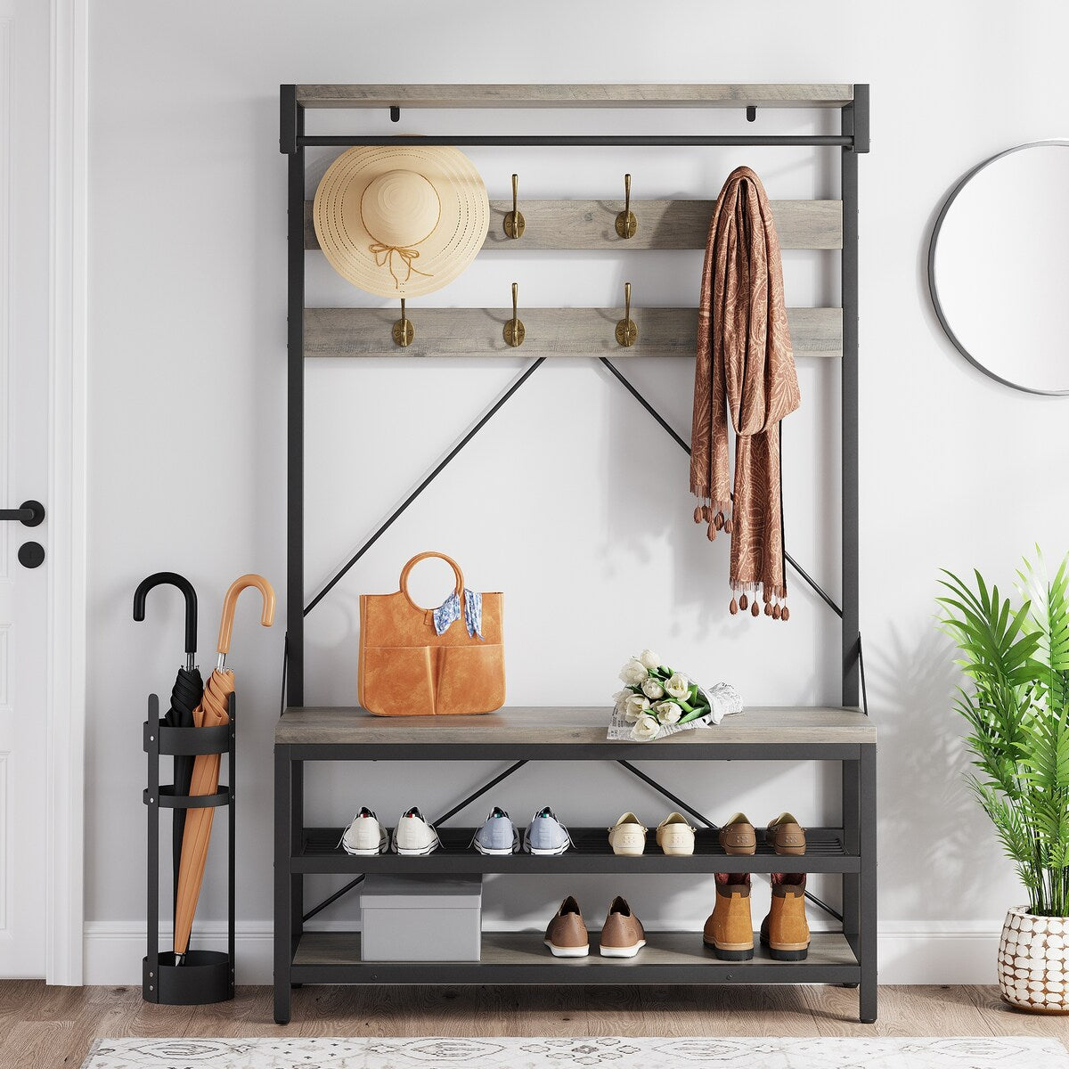 Industrial Entryway Coat Rack with Shoe Bench 3-in-1 Functional Hall Tree