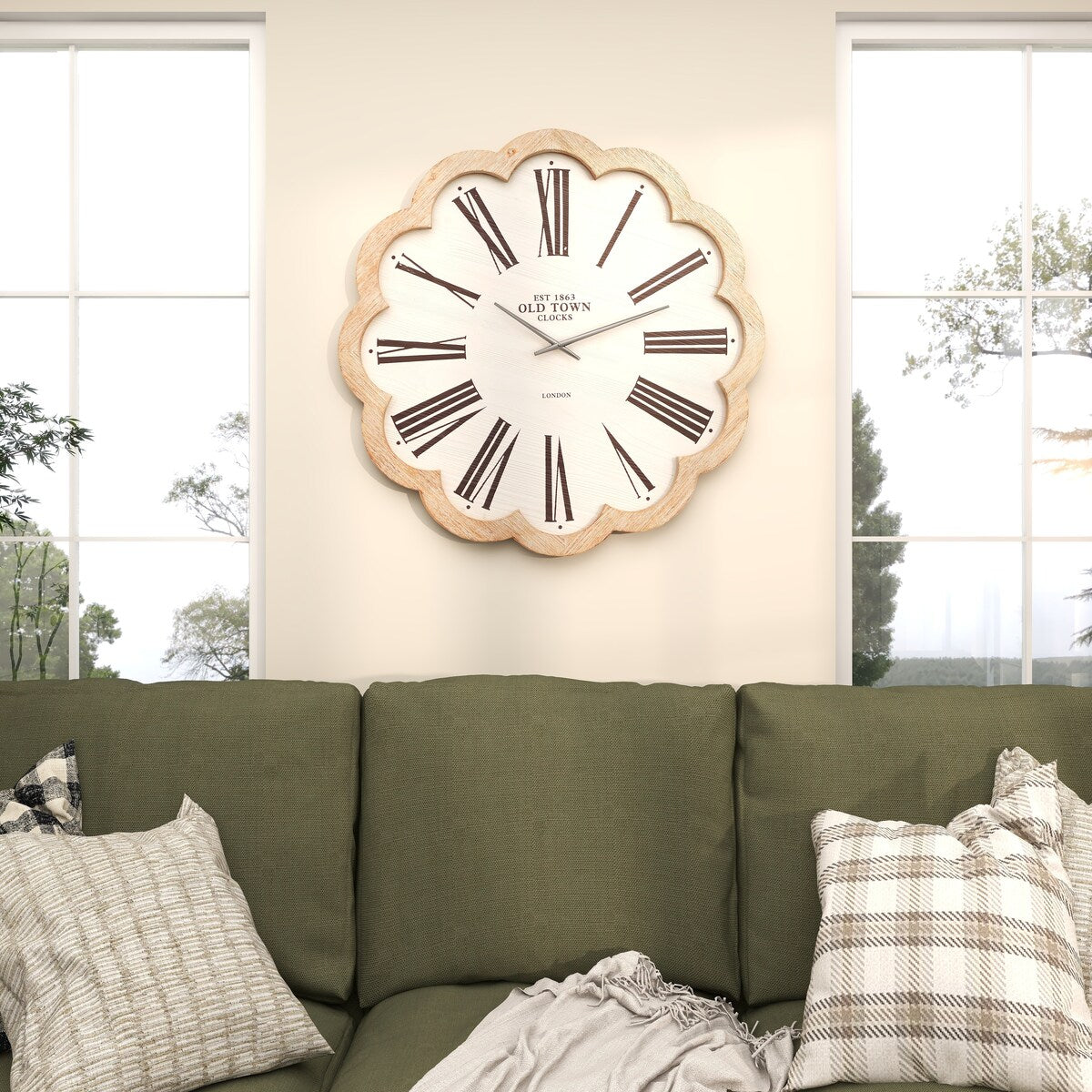 Wood Floral Shaped Decorative Wall Clock with Brown Scalloped Frame - White - Roche River Decor