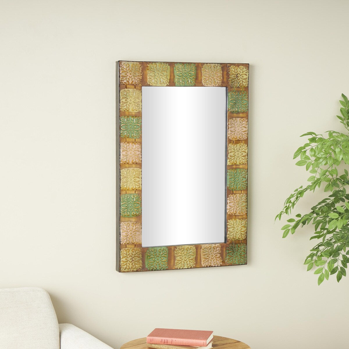 Metal Floral Room Wall Mirror with Embossed Metal - Multi Colored - Roche River Decor