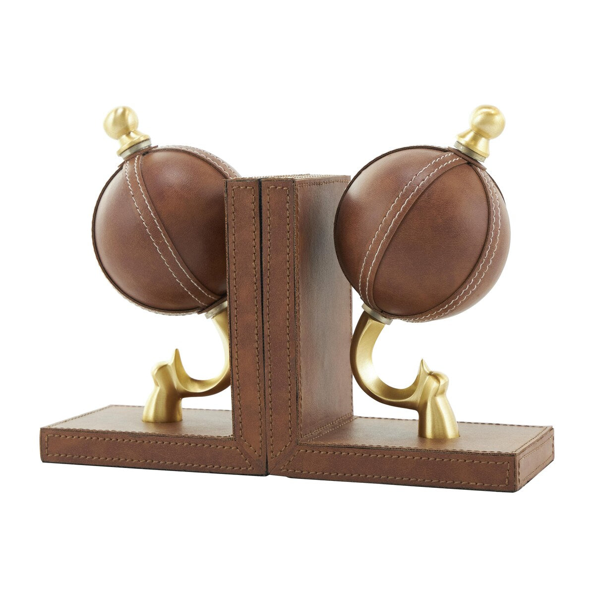 Leather Globe Handmade Stitched Decorative Bookends with Brown Wood Base - Set of 2 Brown - Roche River Decor