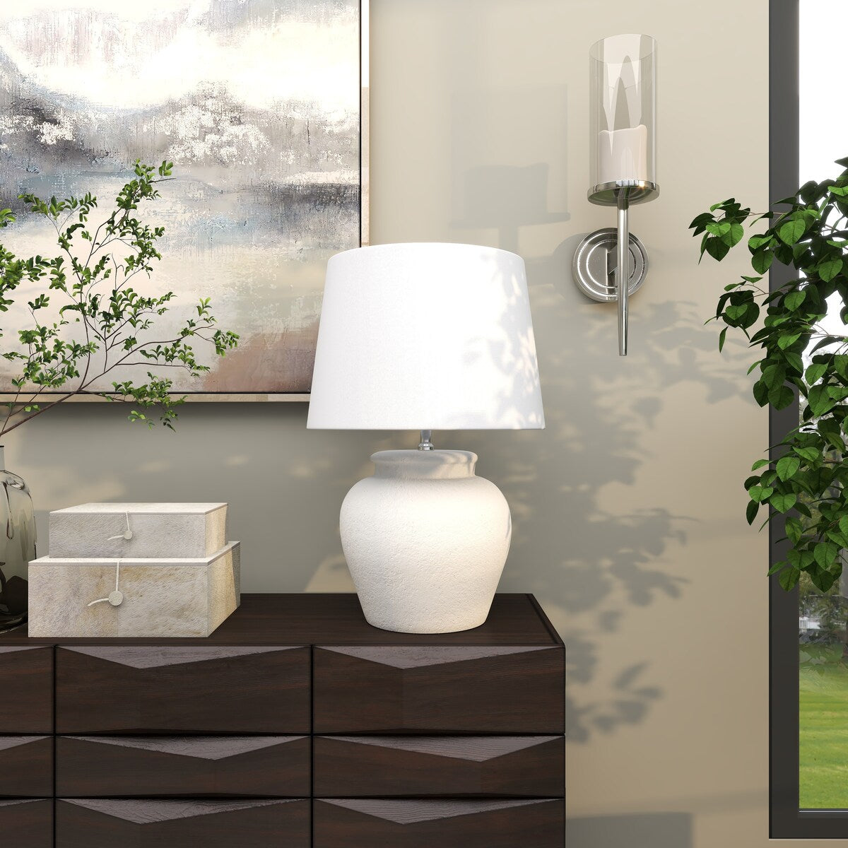 Cement Stone Pot Inspired Room Table Lamp with Textured Exterior - White - Roche River Decor