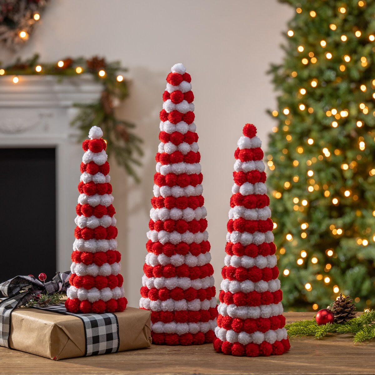 Set of 3 Red and White Festive Holiday Pom Pom Trees