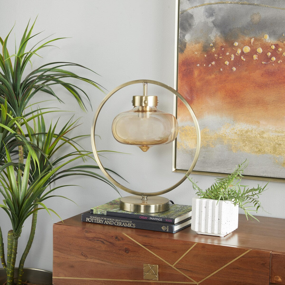 Metal Circular Framed Room Accent Lamp with Hanging Glass Shade - Gold - Roche River Decor