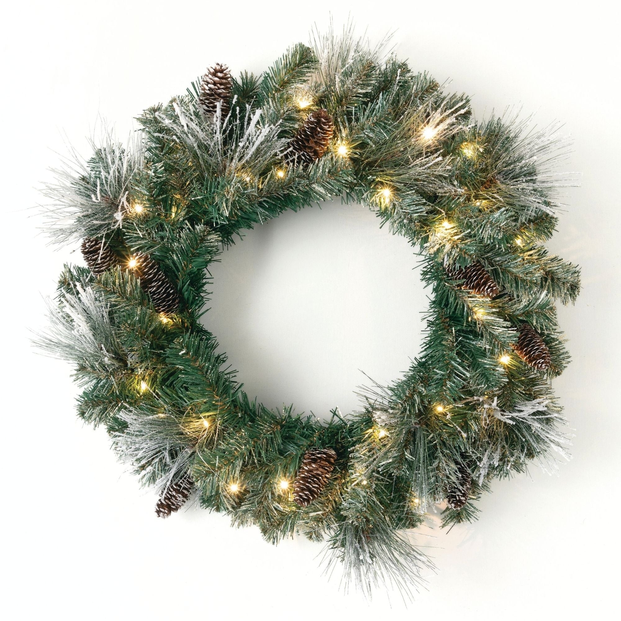 Sullivans Artificial 24 Flocked LED Pine Christmas Wreath with Pinecones, Green, Indoor Christmas Decor