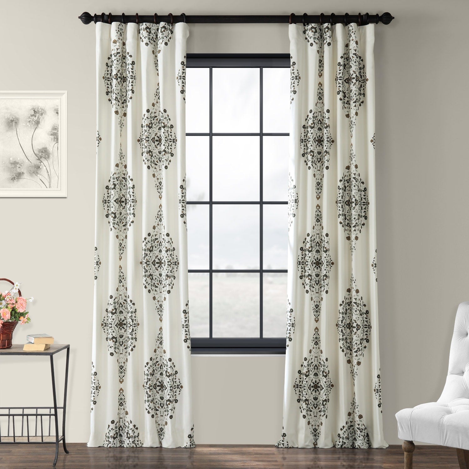 Exclusive Fabrics Medallion Damask Printed Cotton Room Darkening Window Curtains (1 Panel)