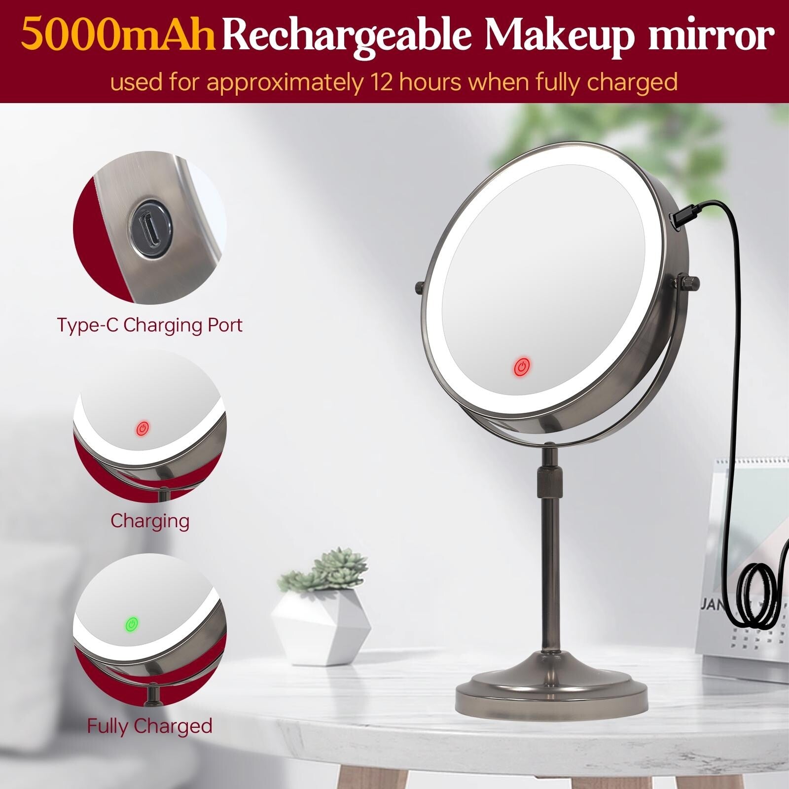 9 LED Lighted Makeup Mirror,Double Sided Magnification Mirror with 1X/10x Magnification,3 Lighting Color