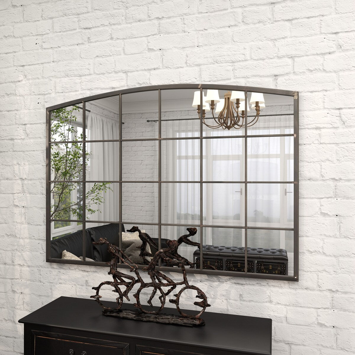 Metal Window Pane Inspired Room Wall Mirror with Arched Top - Roche River Decor